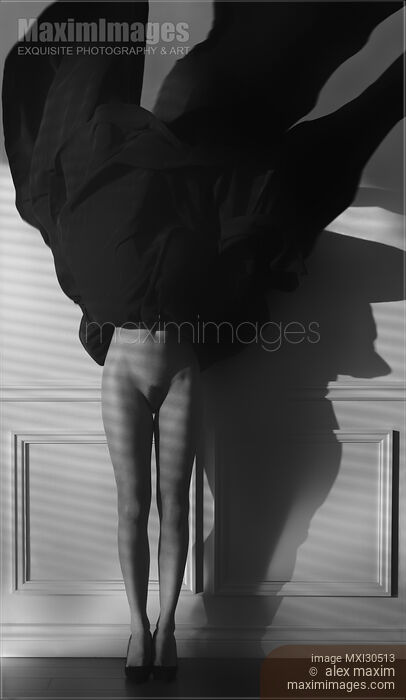 Abstract fine art nude black and white photo of a woman with her dress flying up revealing sexy bare legs Stock photo of Abstract fine art nude black and white photo of a woman with her dress flying up revealing sexy bare legs Buy commercial use license at MaximImages