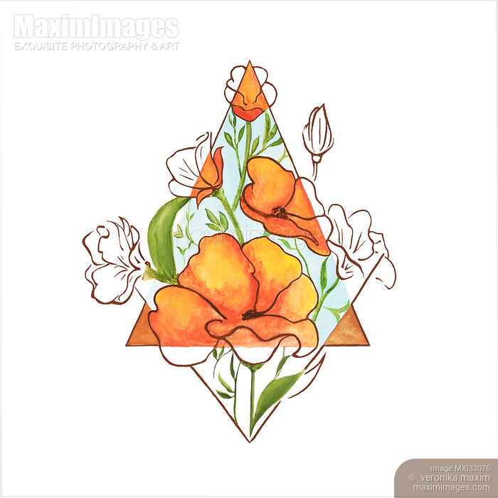Stock image of Abstract floral sacred geometry design with orange flowers and green leaves Buy commercial use license at MaximImages