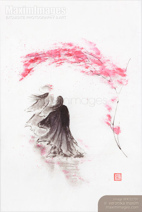 Stock image of Abstract romantic Chinese brush Zen painting of a Taoist couple walking away under plum blossom in wind Buy commercial use license at MaximImages