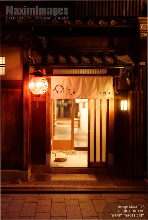 Acca Japanese restaurant entrance with a red lantern at night Gion Kyoto Stock photo of Acca Japanese restaurant entrance with a red lantern at night Gion Kyoto Buy commercial use license at MaximImages