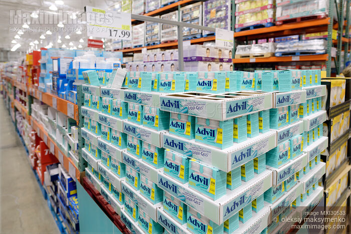 Stock photo of Advil pain relief medications at Costco Wholesale warehouse store pharmacy Buy commercial use license at MaximImages