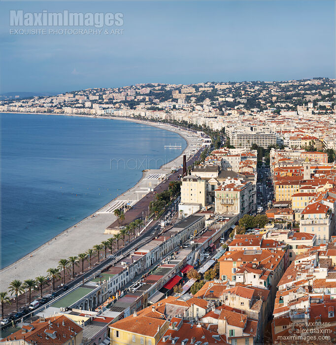 Stock photo of Aerial landscape city scenery of Nice, France on Mediterranean Sea shore in summer. Buy commercial use license at MaximImages