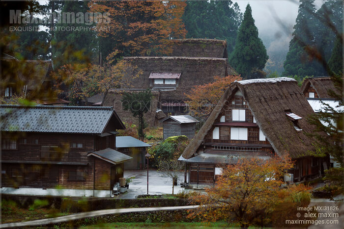 Stock photo of Ainokura mountain village rural scenery of historic Japanese Gassho houses in fall Buy commercial use license at MaximImages