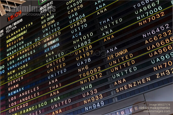 Stock photo of Airport departure board at Narita Japan Buy commercial use license at MaximImages