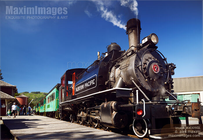 Stock photo of Alberni Pacific Railway historic train steam engine at Port Alberni Canada Buy commercial use license at MaximImages