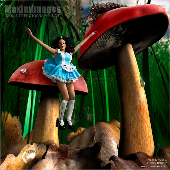 Stock photo of Alice in Wonderland falling from mushroom Buy commercial use license at MaximImages