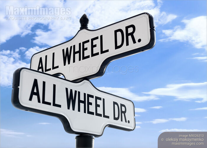 Stock photo of All Wheel Drive street sign Buy commercial use license at MaximImages