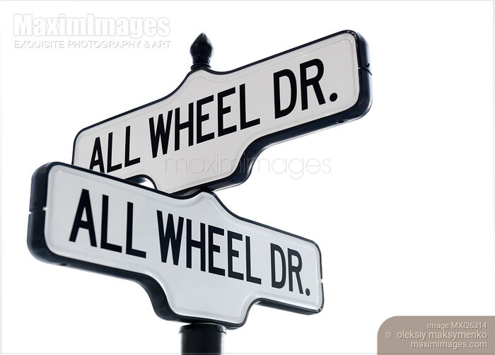 Stock photo of All Wheel Drive street sign in white Buy commercial use license at MaximImages