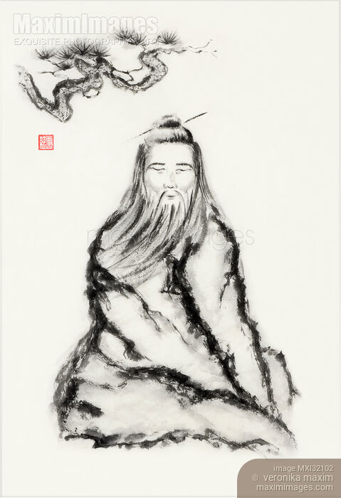 Stock image of An old sage meditating under pine branch with a delighted smile on his face Buy commercial use license at MaximImages