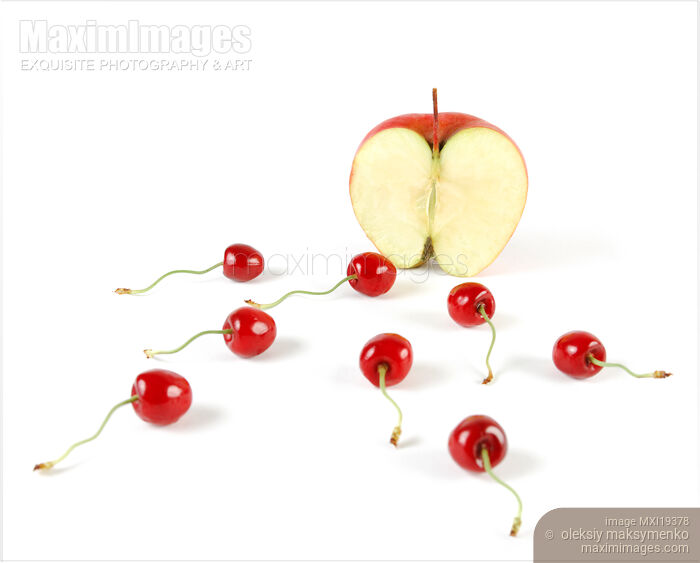 Stock photo of Apple and Cherries insemination concept Buy commercial use license at MaximImages