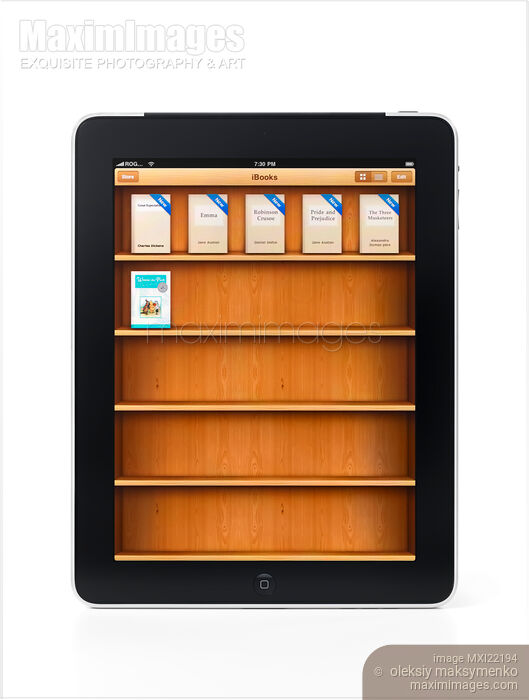 Stock photo of Apple iPad 3G Tablet Displaying Book Shelves Buy commercial use license at MaximImages