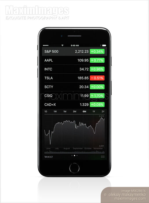 Stock photo of Apple iPhone 7 with stock market app Buy commercial use license at MaximImages