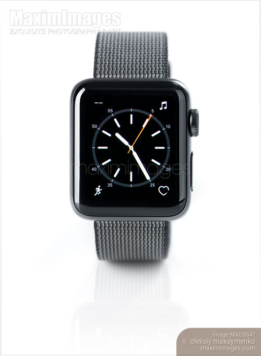 Stock photo of Apple Watch with clock on display isolated on white Buy commercial use license at MaximImages