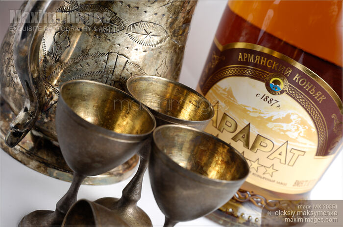 Stock photo of Armenian Brandy Ararat and Vintage Silverware Buy commercial use license at MaximImages