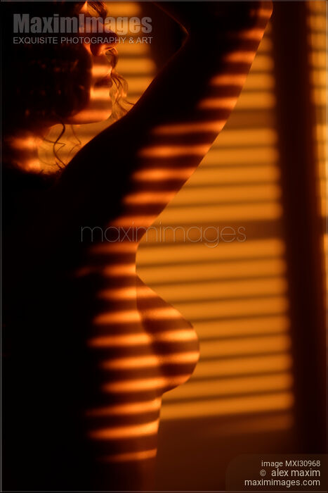 Stock photo of Art nude portrait of a woman standing in light coming through window blinds Buy commercial use license at MaximImages