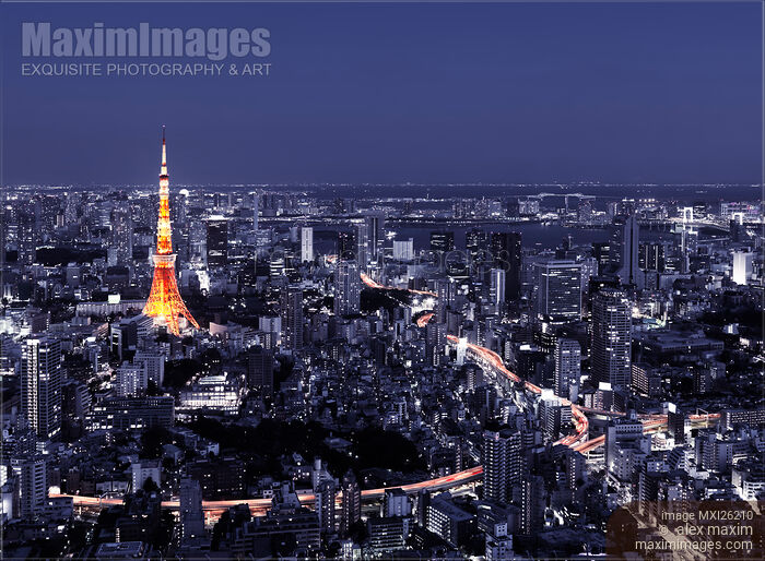 Stock photo of Artistic aerial scenery of Tokyo Tower and cityscape at night Buy commercial use license at MaximImages