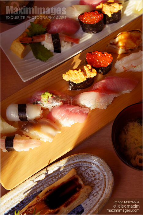 Artistic closeup sushi at Japanese restaurant Stock photo of Artistic closeup sushi at Japanese restaurant Buy commercial use license at MaximImages