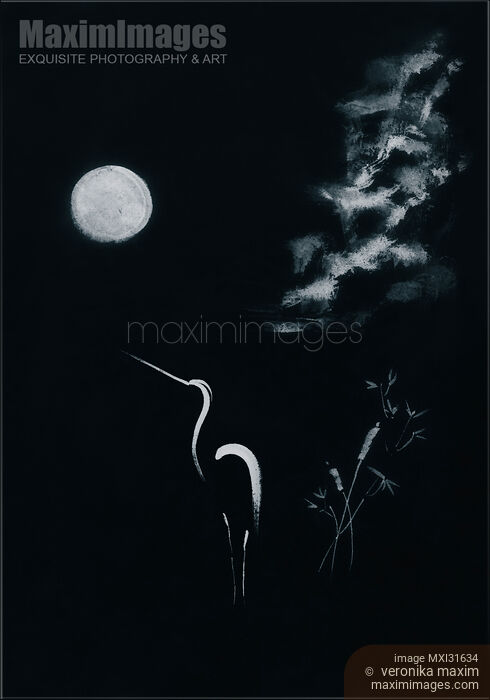 Artistic dark sumi-e landscape artwork of a heron in a pond under the full moon at night Stock image of Artistic dark sumi-e landscape artwork of a heron in a pond under the full moon at night Buy commercial use license at MaximImages