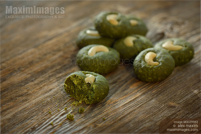 Stock photo of Artistic food still life of home-made Japanese Matcha green tea cookies Buy commercial use license at MaximImages