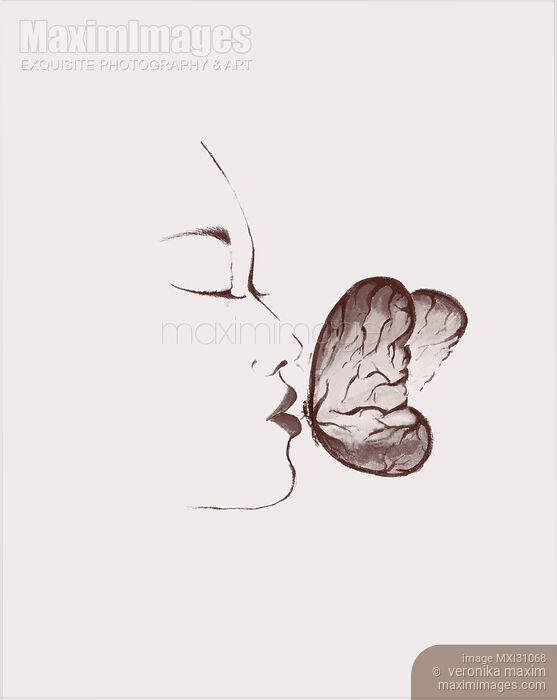 Artistic illustration of a beautiful woman kissing a butterfly Stock image of Artistic illustration of a beautiful woman kissing a butterfly Buy commercial use license at MaximImages