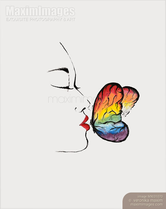 Artistic illustration of a beautiful woman kissing a butterfly Stock image of Artistic illustration of a beautiful woman kissing a butterfly Buy commercial use license at MaximImages