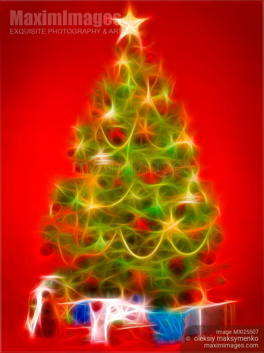 Stock image of Artistic illustration of Christmas tree with presents on red Buy commercial use license at MaximImages