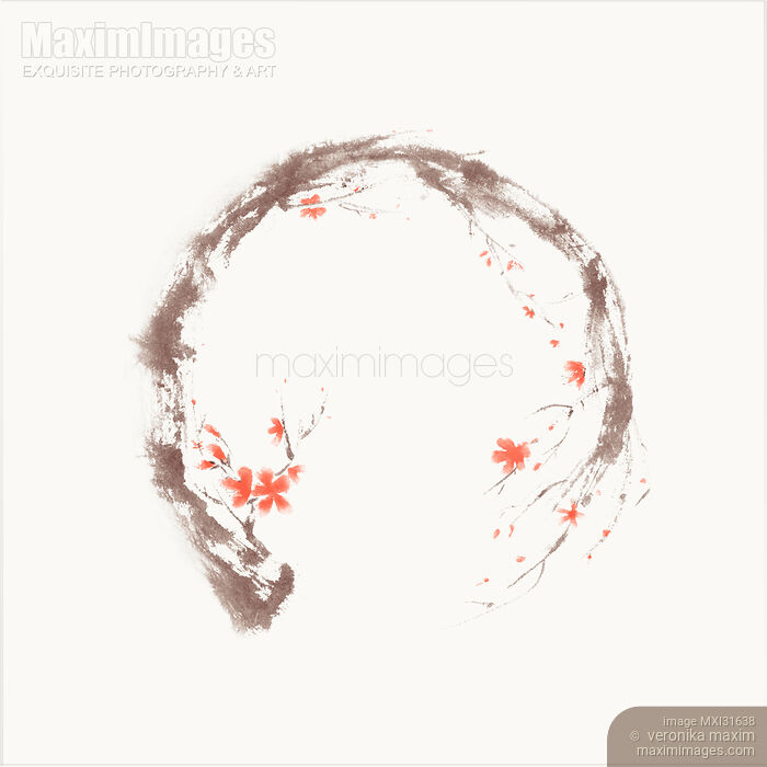 Stock image of Artistic illustration of Enso circle in the form of the sakura branch with coral flowers on beige Buy commercial use license at MaximImages