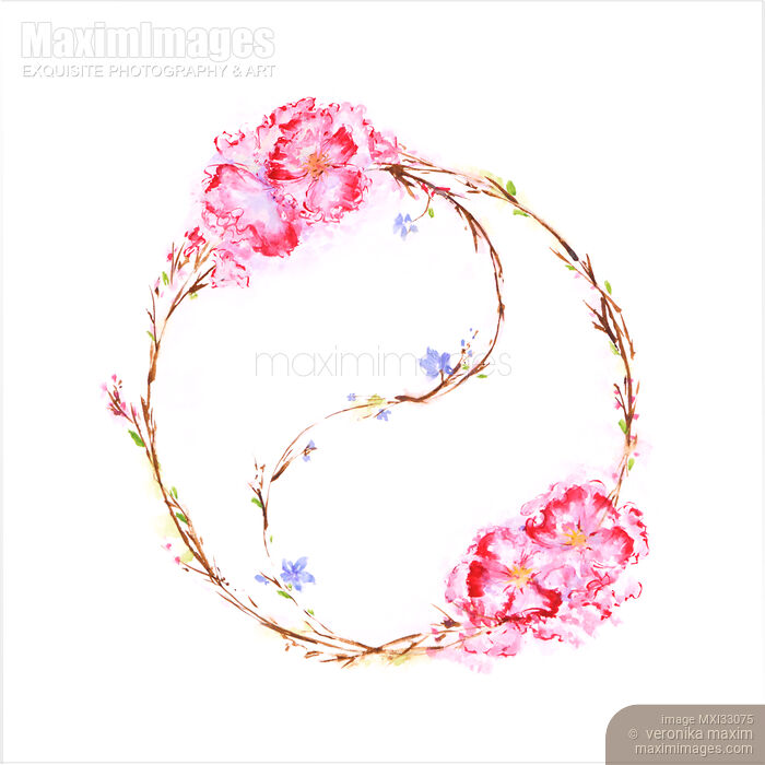 Stock image of Artistic illustration of Yin Yang symbol with twigs and pink sakura flowers Buy commercial use license at MaximImages