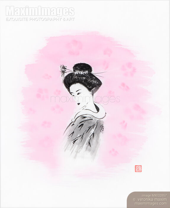 Artistic portrait painting of a beautiful thoughtful geisha in kimono with a traditional hairstyle Stock image of Artistic portrait painting of a beautiful thoughtful geisha in kimono with a traditional hairstyle Buy commercial use license at MaximImages