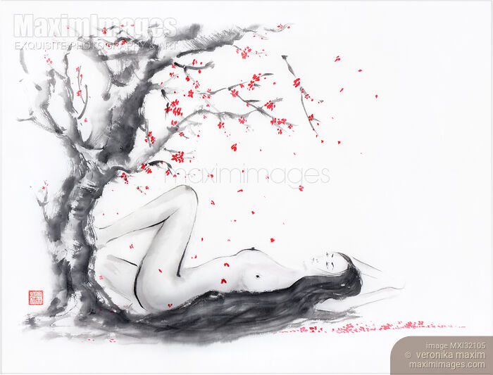 Stock image of Artistic sumi-e nude portrait of a young girl under a blossoming sakura tree Buy commercial use license at MaximImages
