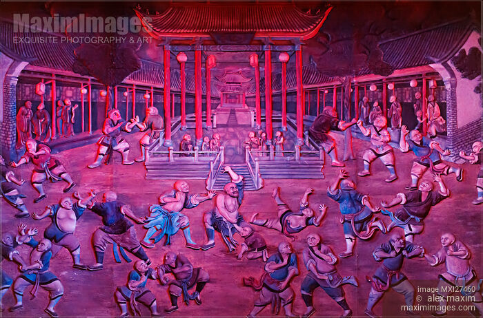 Artwork of Shaolin monks practicing in front of the Temple Stock photo of Artwork of Shaolin monks practicing in front of the Temple Buy commercial use license at MaximImages