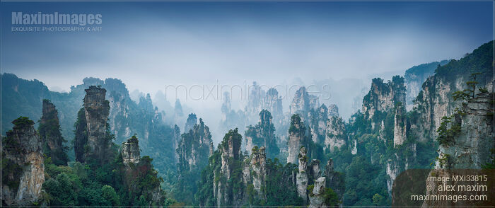 Atmospheric panorama of Zhangjiajie National Forest Park with mountain spires rising from white fog in dusk Stock photo of Atmospheric panorama of Zhangjiajie National Forest Park with mountain spires rising from white fog in dusk Buy commercial use license at MaximImages