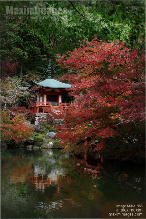 Autumn scenery of Bentendo Hall reflecting in a pond at Daigoji temple Kyoto Japan travel Stock photo of Autumn scenery of Bentendo Hall reflecting in a pond at Daigoji temple Kyoto Japan travel Buy commercial use license at MaximImages