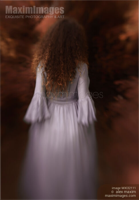 Back of a woman in long dress entering red autumn forest Stock photo of Back of a woman in long dress entering red autumn forest Buy commercial use license at MaximImages
