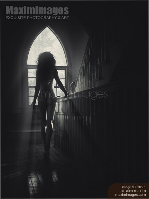 Back of beautiful naked woman on staircase in sunlight Stock photo of Back of beautiful naked woman on staircase in sunlight Buy commercial use license at MaximImages
