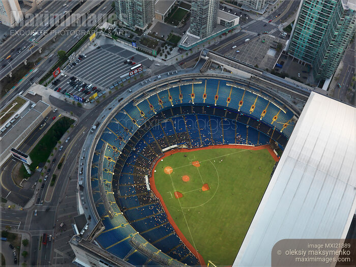 Baseball Game at Toronto Rogers Centre with open roof, view from above Stock photo of Baseball Game at Toronto Rogers Centre with open roof, view from above Buy commercial use license at MaximImages