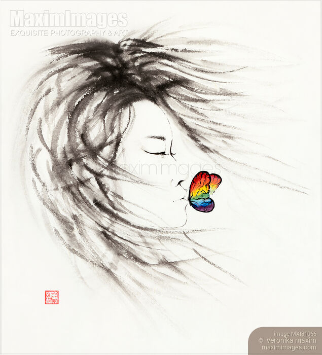 Stock image of Beautiful asian woman with wild wind blown hair and a rainbow butterfly kissing her lips Buy commercial use license at MaximImages