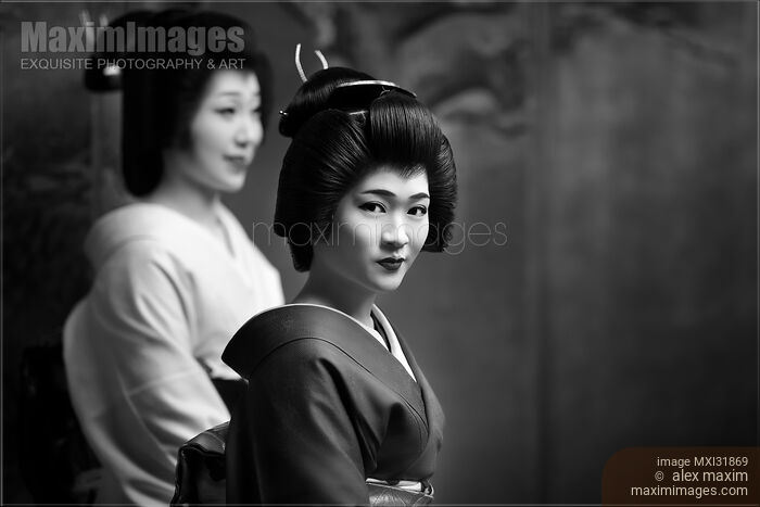 Beautiful Geisha Kyoto Geiko with an expressive look artistic black and white portrait Stock photo of Beautiful Geisha Kyoto Geiko with an expressive look artistic black and white portrait Buy commercial use license at MaximImages