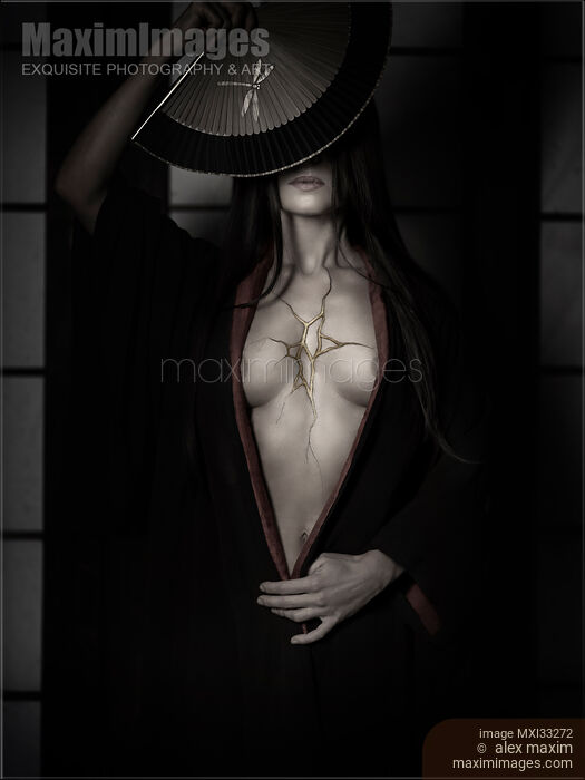 Beautiful Japanese woman in kimono with gold filled crack in her open chest over broken heart. Kintsugi wabi-sabi concept. Black and white. Stock photo of Beautiful Japanese woman in kimono with gold filled crack in her open chest over broken heart. Kintsugi wabi-sabi concept. Black and white. Buy commercial use license at MaximImages