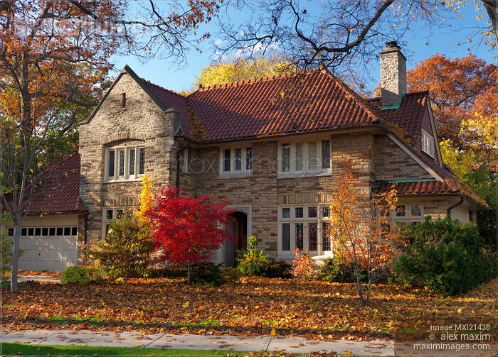 Stock photo of Beautiful Large Family House in Fall Buy commercial use license at MaximImages