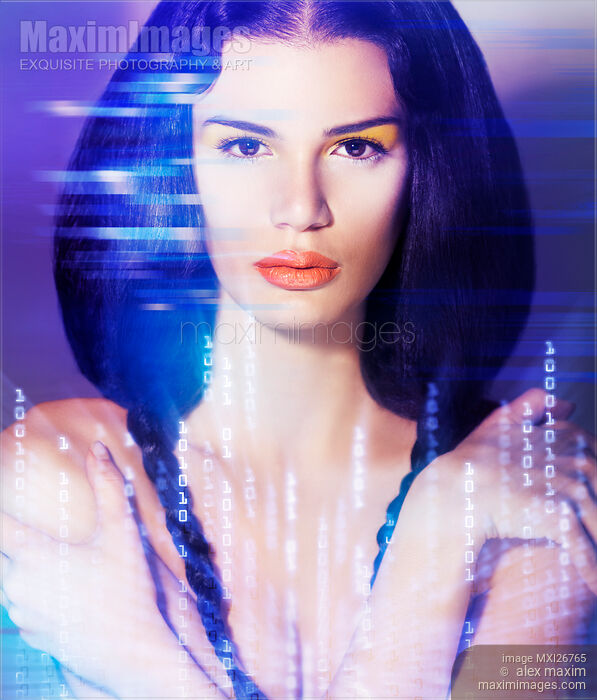 Beautiful woman portrait in digital virtual world Stock photo of Beautiful woman portrait in digital virtual world Buy commercial use license at MaximImages