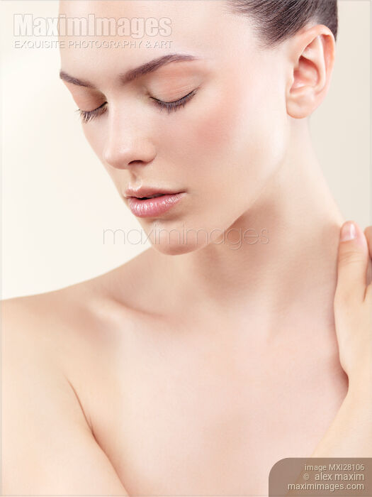 Beauty portrait of young woman face with clean white natural skin closed eyes Stock photo of Beauty portrait of young woman face with clean white natural skin closed eyes Buy commercial use license at MaximImages