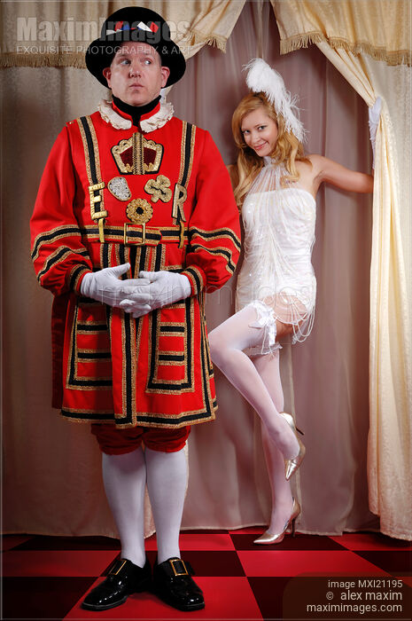 Stock photo of Beefeater and a Beautiful Young Lady Buy commercial use license at MaximImages