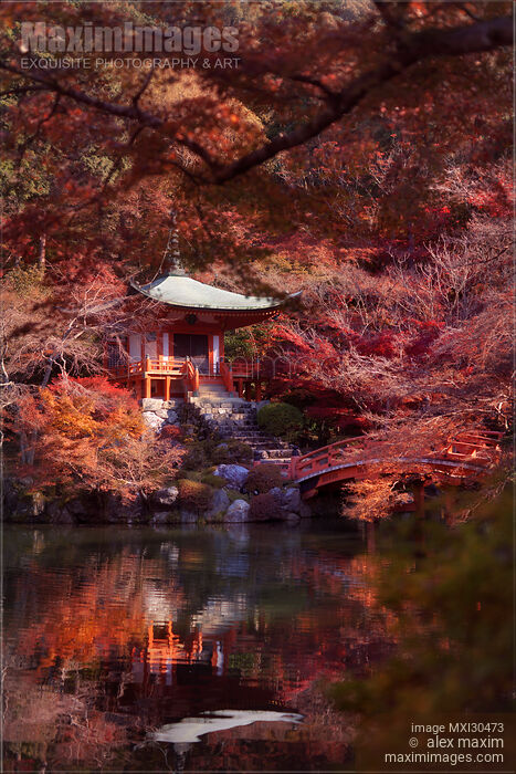 Stock photo of Bentendo Hall and a bridge reflecting in a pond at Daigoji temple in Kyoto Japan Buy commercial use license at MaximImages