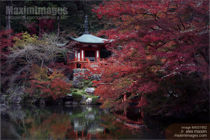 Stock photo of Bentendo Hall by the pond at Daigoji temple in atmospheric autumn scenery Kyoto Buy commercial use license at MaximImages