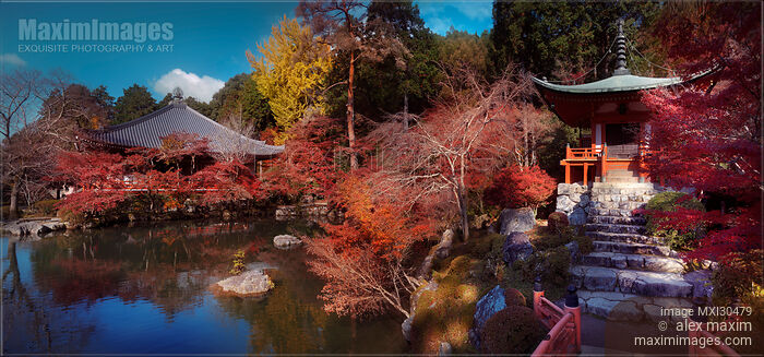 Stock photo of Bentendo Hall with a pond and Daikodo Hall at Daigoji temple beautiful autumn panorama Kyoto Japan Buy commercial use license at MaximImages
