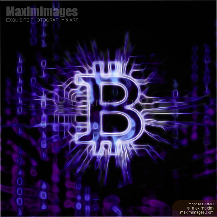 Stock image of Bitcoin cryptocurrency digital currency purple symbol dynamic fractal illustration Buy commercial use license at MaximImages