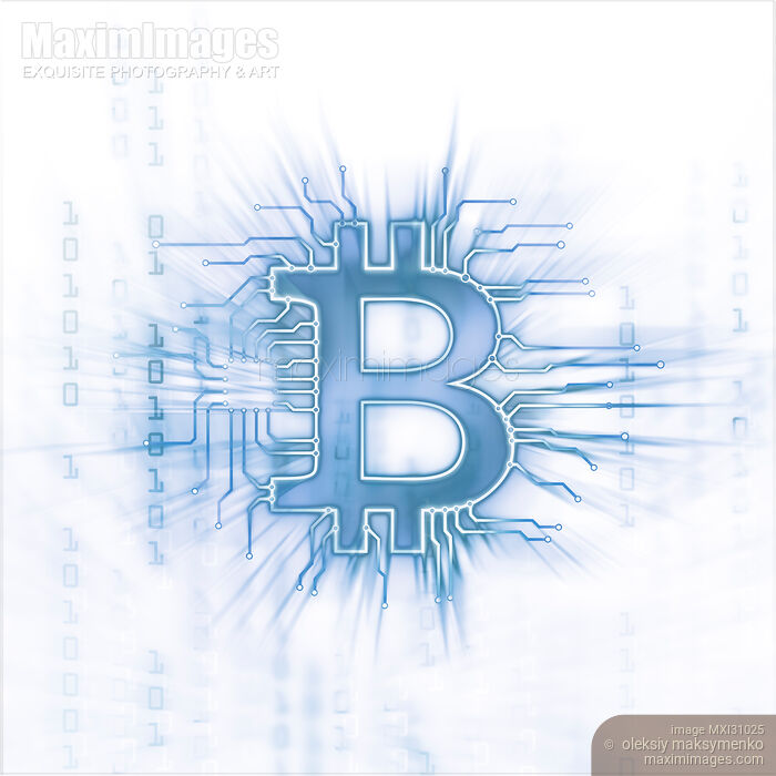 Stock image of Bitcoin cryptocurrency digital currency symbol blue on white Buy commercial use license at MaximImages