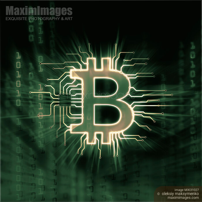 Stock image of Bitcoin cryptocurrency digital currency symbol illustration in blockchain matrix Buy commercial use license at MaximImages