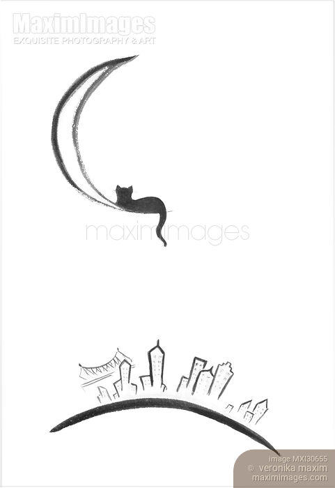 Stock image of Black cat lying on the moon above New York city sumi-e illustration design Buy commercial use license at MaximImages